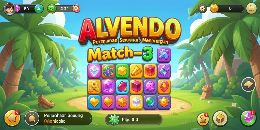 Tampilan gameplay seru dari ALVENDO dengan desain Match-3 yang menarik.