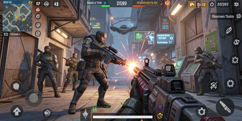 Screenshot gameplay DS99 menampilkan aksi seru di medan perang.