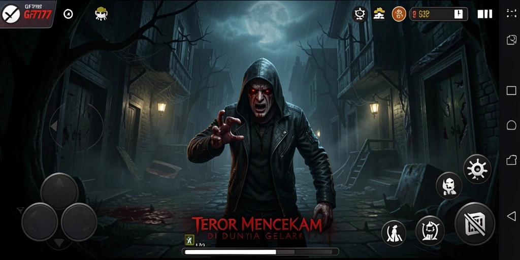 Screenshot gameplay GF777 menunjukkan suasana menakutkan yang intens.