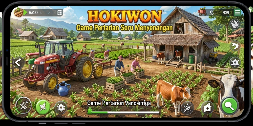 Tangkapan layar gameplay HOKIWON dengan ladang yang subur dan hewan ternak.