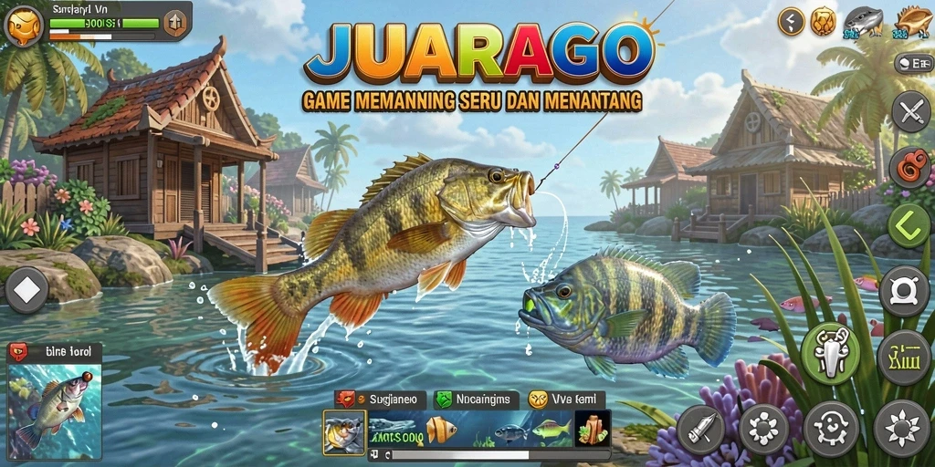 Tampilan screenshot gameplay JUARAGO saat menangkap ikan di danau.
