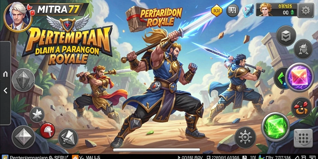 Tampilan gameplay MITRA77 yang mendebarkan dalam pertempuran Royale.