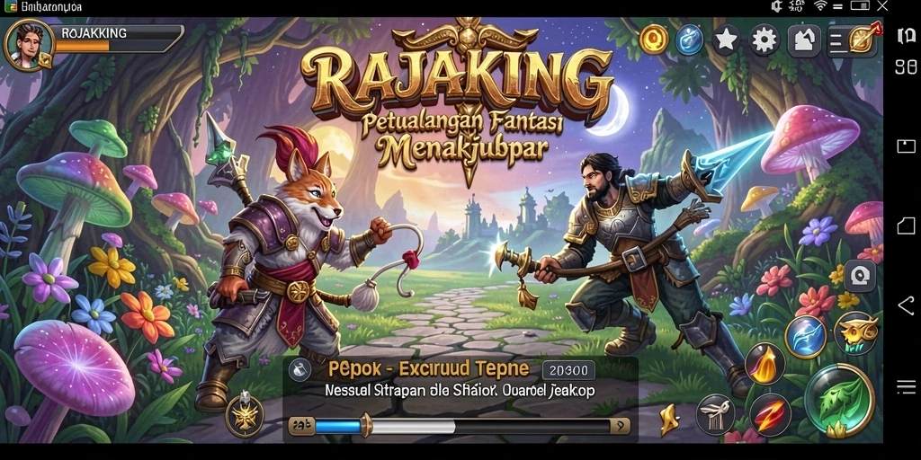 Tampilan gameplay RAJAKING dengan pertarungan epik dan karakter yang menawan.