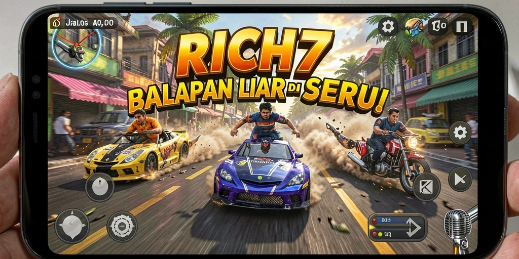 Screenshot utama RICH7 menampilkan aksi balapan yang mendebarkan.